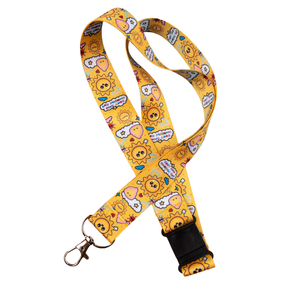 Yellow kawaii lanyard with sunshine and cloud print, safety breakaway buckle and silver lobster clasp