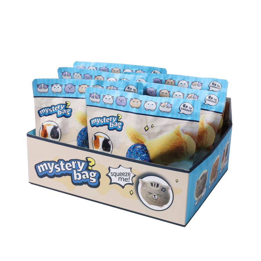 Kenji Cranky Kitty squishy ball mystery bags shown in retail display box, 6 to collect, squeeze me packaging with grumpy cat characters visible