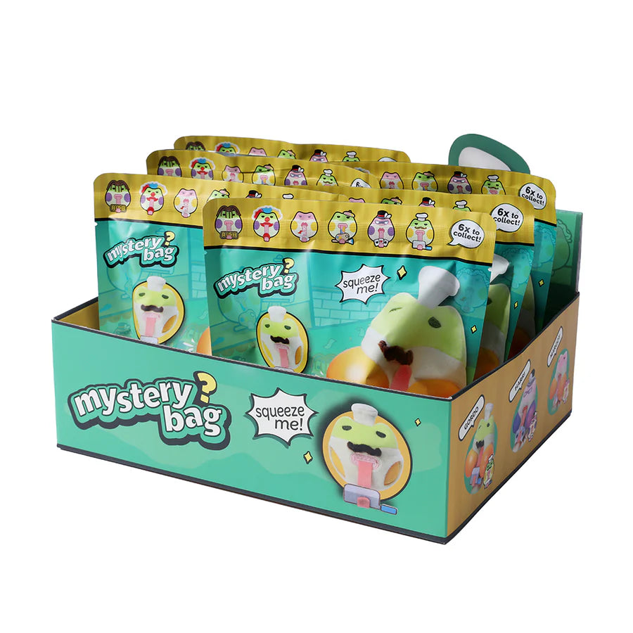 Counter display box of KENJI Koi Squishy Froggy mystery bags showing foil pouches with collectible froggy character artwork