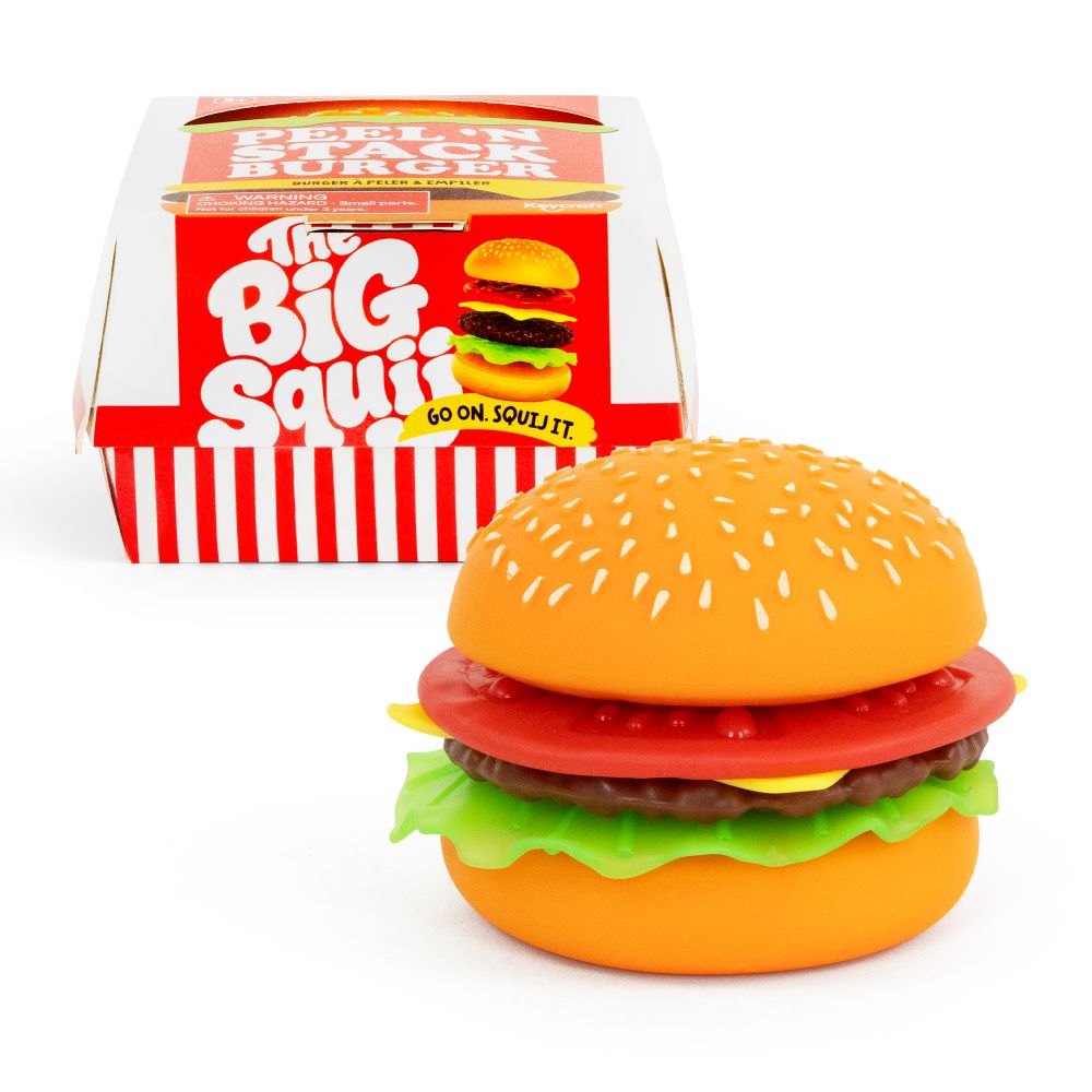 Assembled Keycraft Big Squij Peel 'N Stack Burger squishy toy shown in front of its red and white packaging box