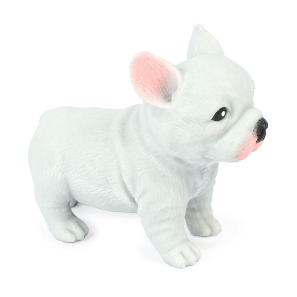 Keycraft Cute Squidgy Frenchie white French Bulldog squishy toy side view with realistic fur texture and pink ear detail on white background