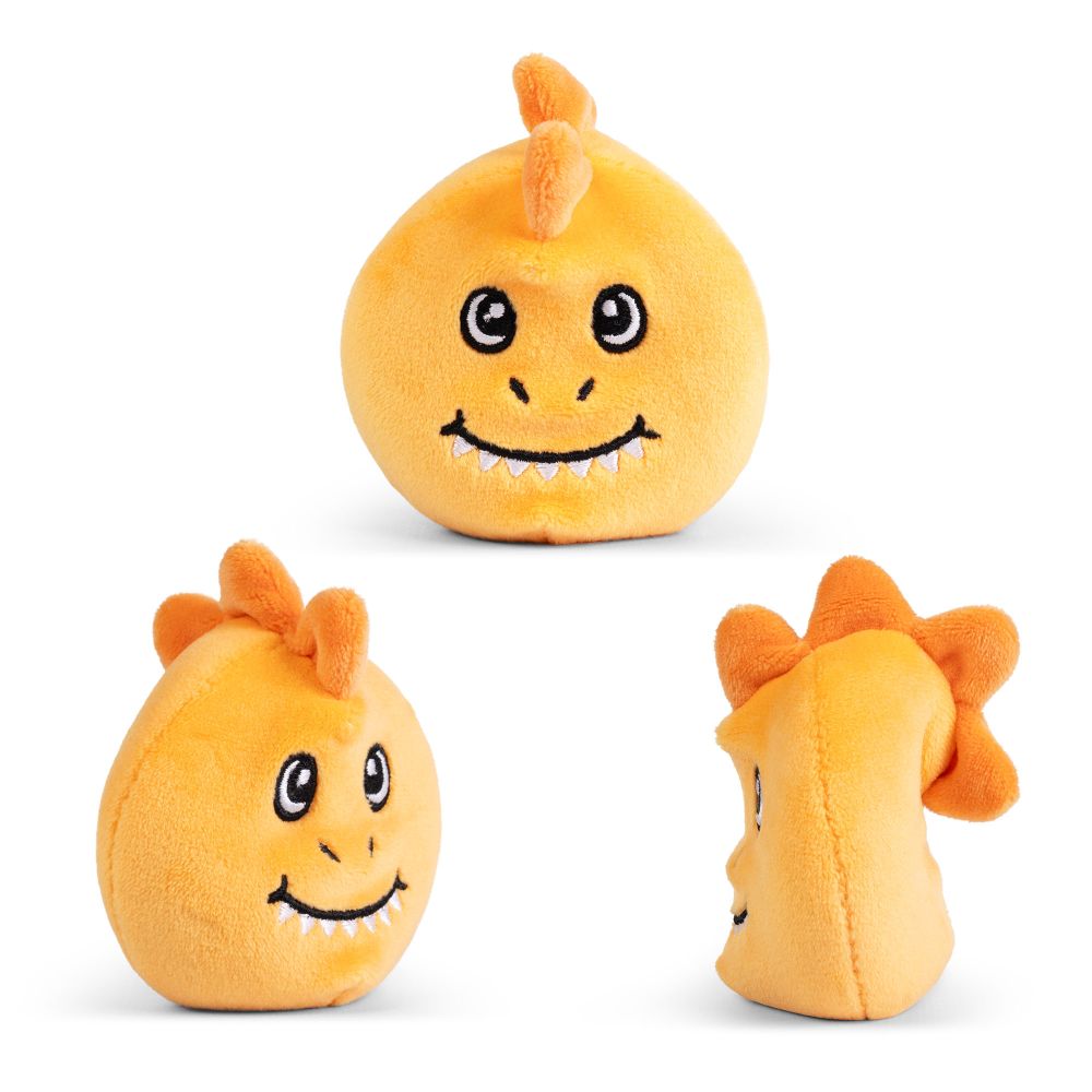 Keycraft Dinosaur Sand Plush orange dino three angles, squeezy sand sensory fidget toy