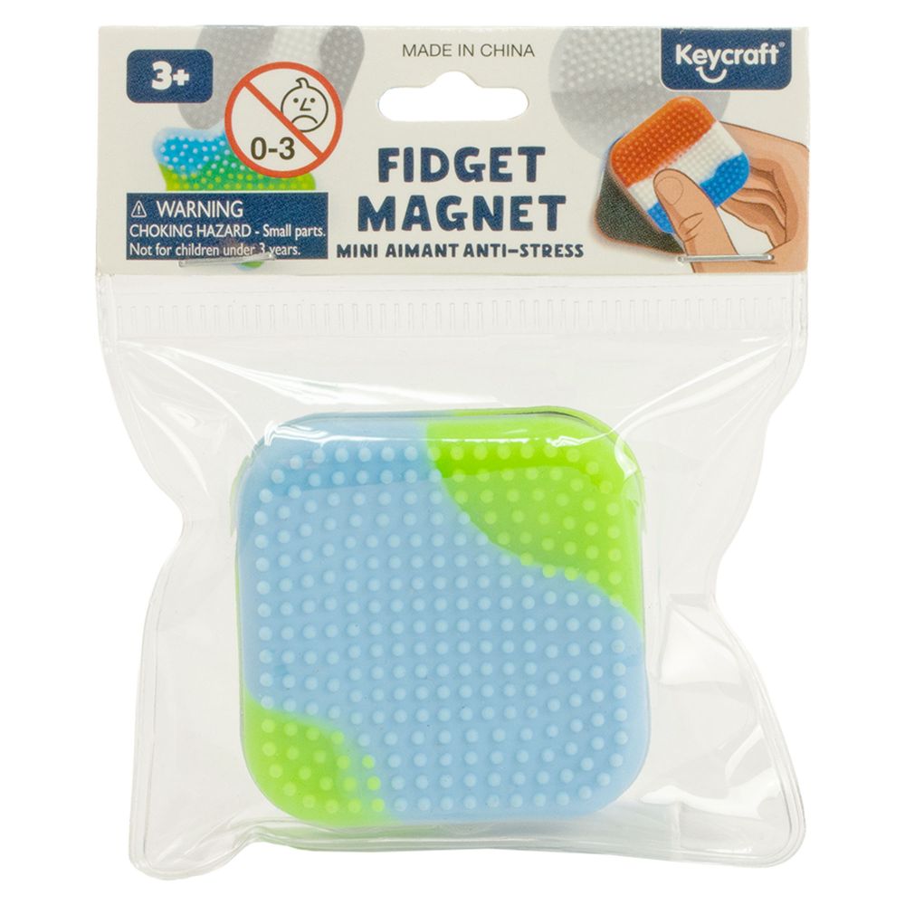 Keycraft square fidget magnet sensory toy, blue and green textured surface, in packaging