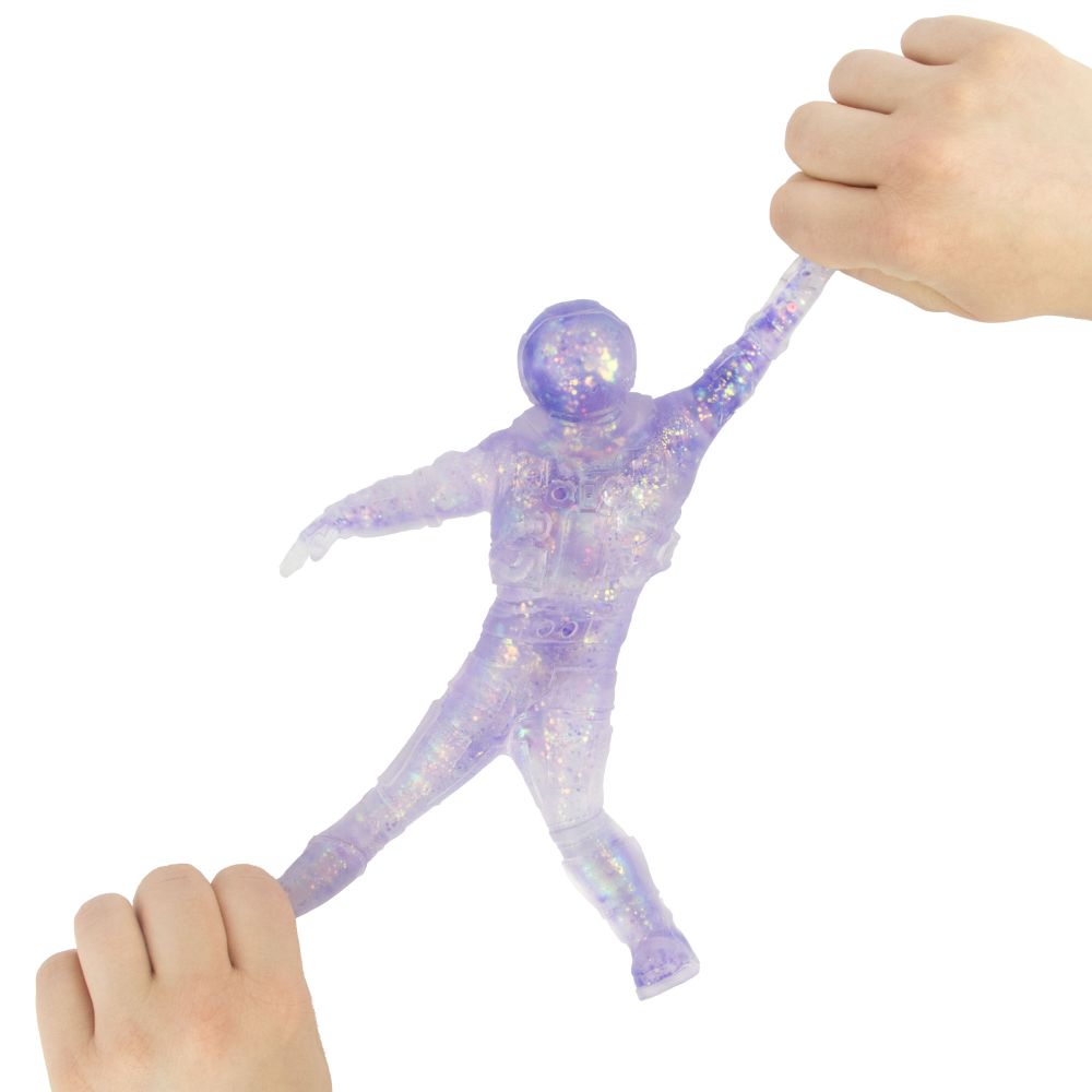 Two hands stretching purple glittery translucent spaceman fidget toy diagonally