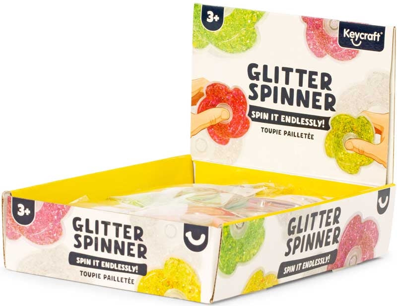 Keycraft Glitter Spinner display box showing assorted flower shaped glitter fidget spinner sensory toys spin it endlessly
