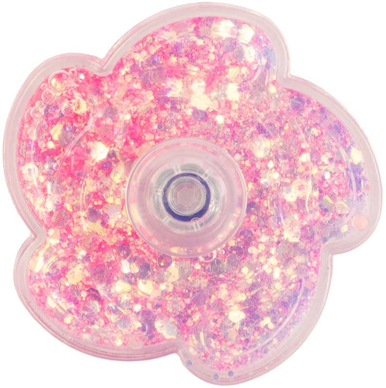 Close-up of pink Keycraft Glitter Spinner showing iridescent glitter liquid inside flower shaped fidget spinner