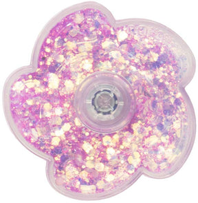 Close-up of purple Keycraft Glitter Spinner showing iridescent glitter liquid inside flower shaped fidget spinner