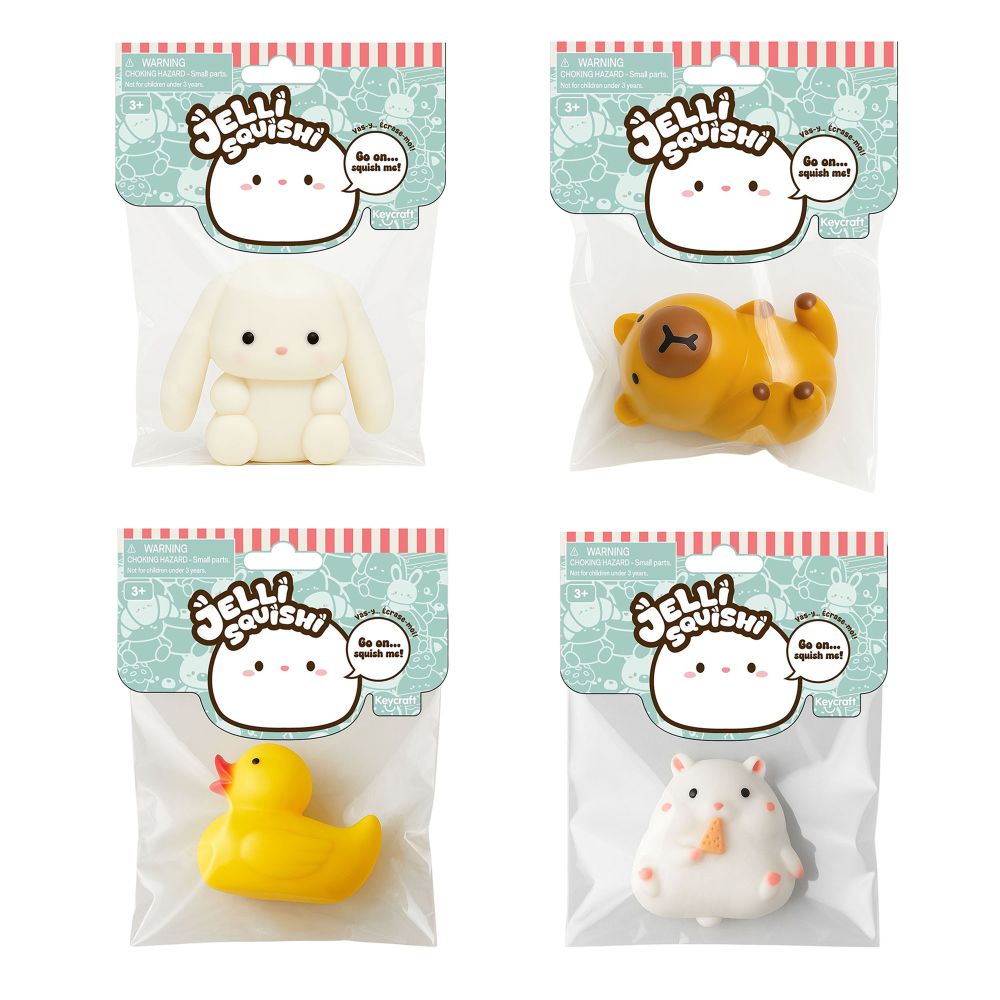 All four Keycraft Jelli Squishi squishy toys in polybag packaging - bunny, capybara, duck and hamster