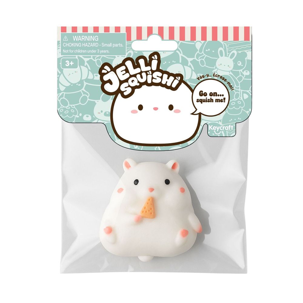 White hamster holding cheese Jelli Squishi squishy toy in Keycraft polybag packaging