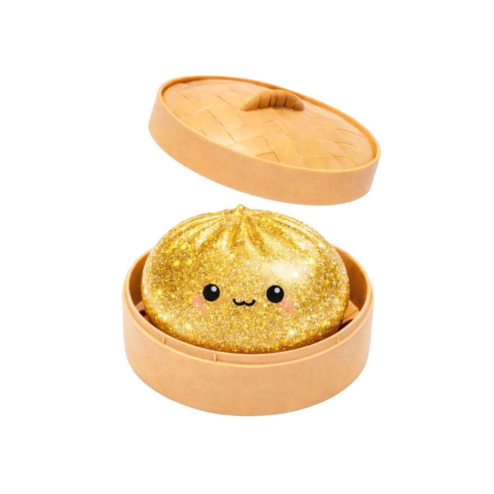 Keycraft Lucky Bao gold glitter squishy dumpling sensory fidget toy in steamer