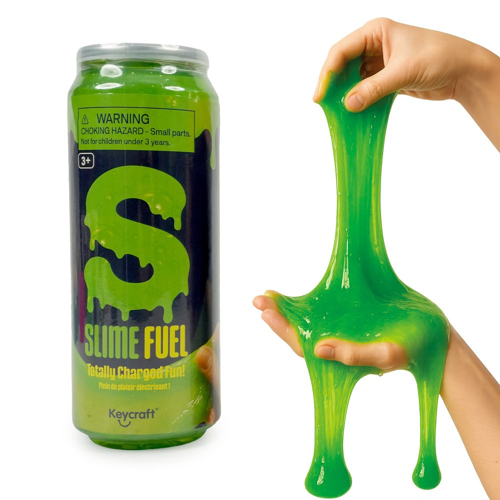 Green slime being stretched by a hand next to a can labeled 'Slime Fuel' on a white background