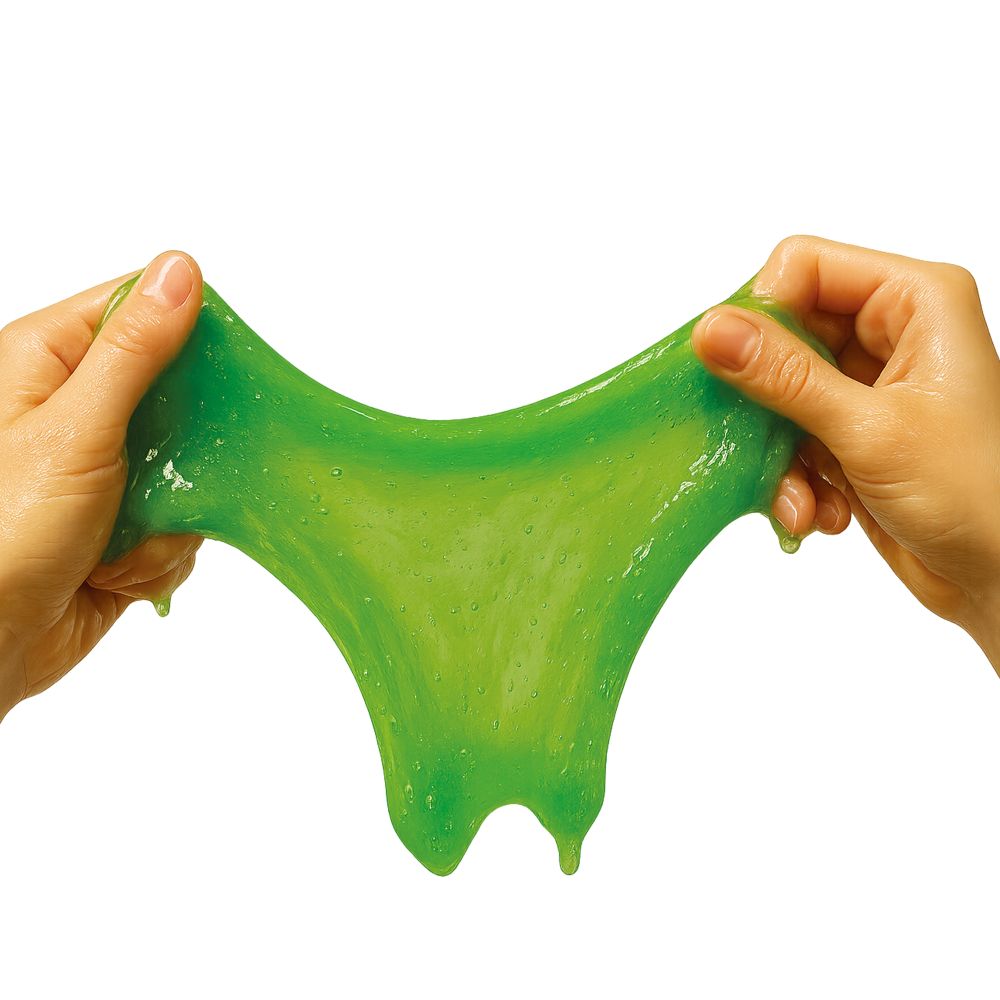 Green slime being stretched between two hands on a white background