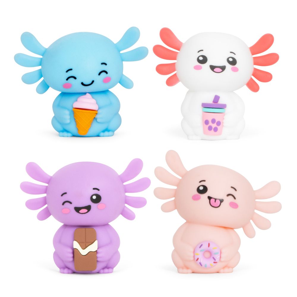 Four Squish Sweetolotl axolotl squishy toys in blue, white, purple and peach with treats
