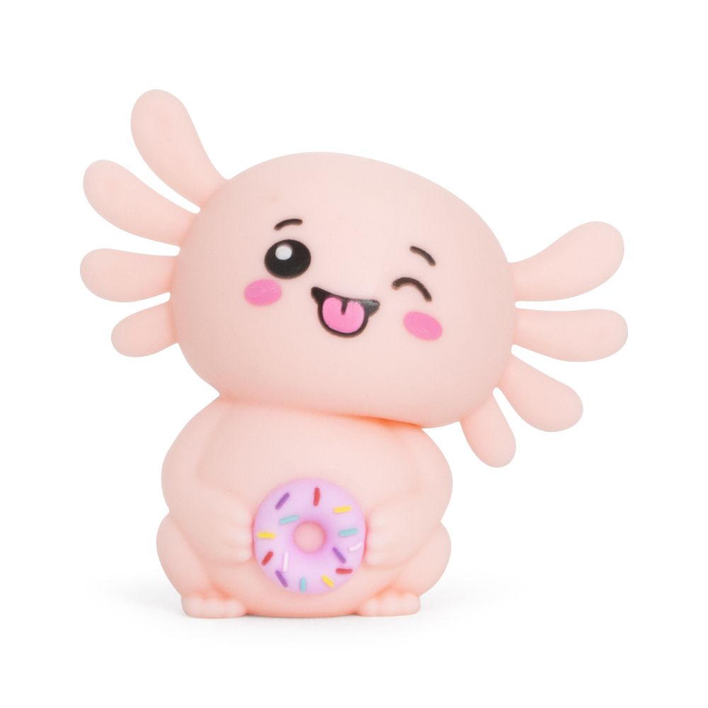 Peach Squish Sweetolotl axolotl squishy fidget toy winking and holding a sprinkle doughnut