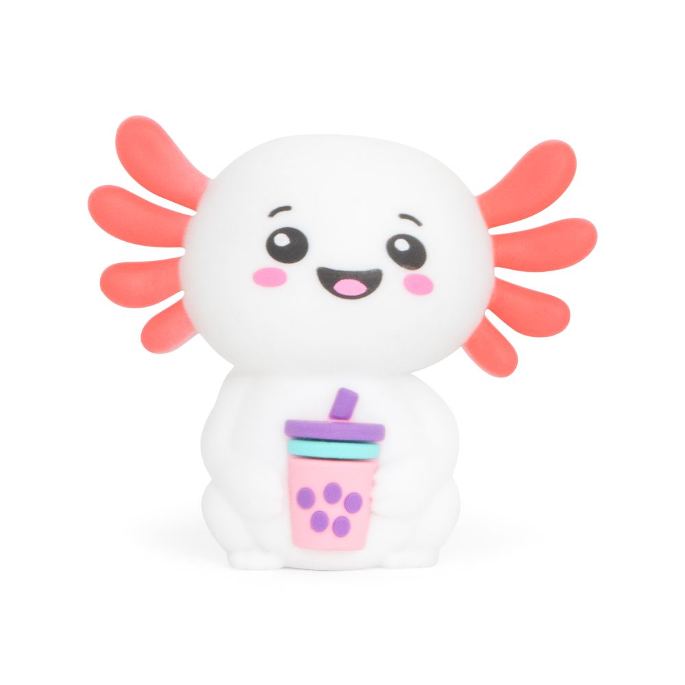 White Squish Sweetolotl axolotl squishy with coral gills holding a pink bubble tea