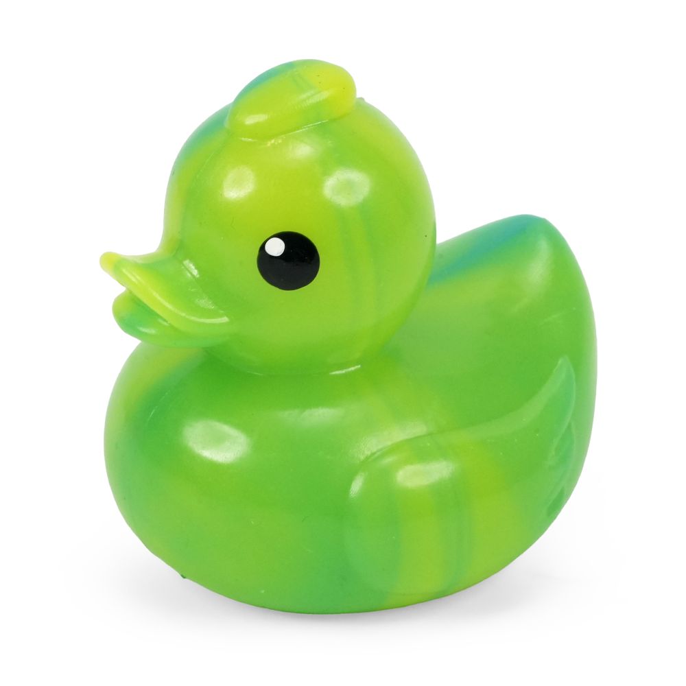 Green marbled Keycraft squishy duck, a stretchy rubber duck sensory toy with yellow swirls