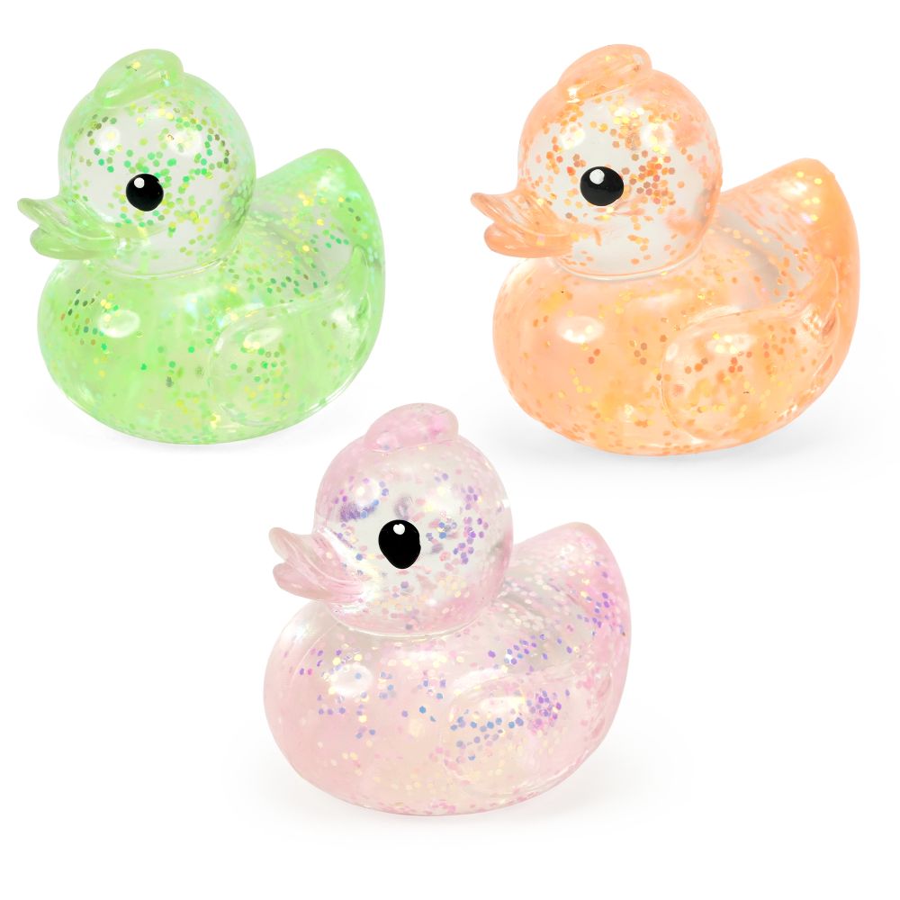 Green, peach and pink glitter Keycraft squishy ducks, clear stretchy duck sensory toys