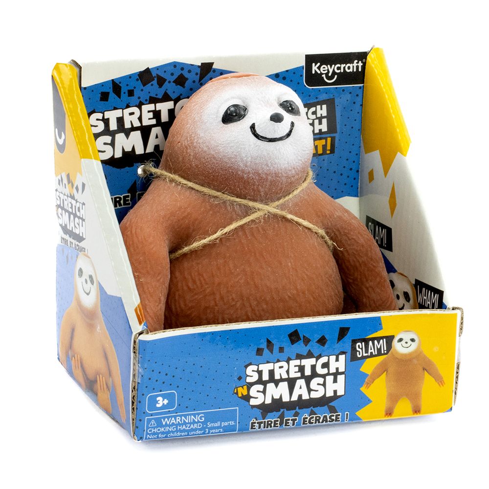 Keycraft Stretch N Smash Sloth in packaging, brown stretchy sensory fidget toy