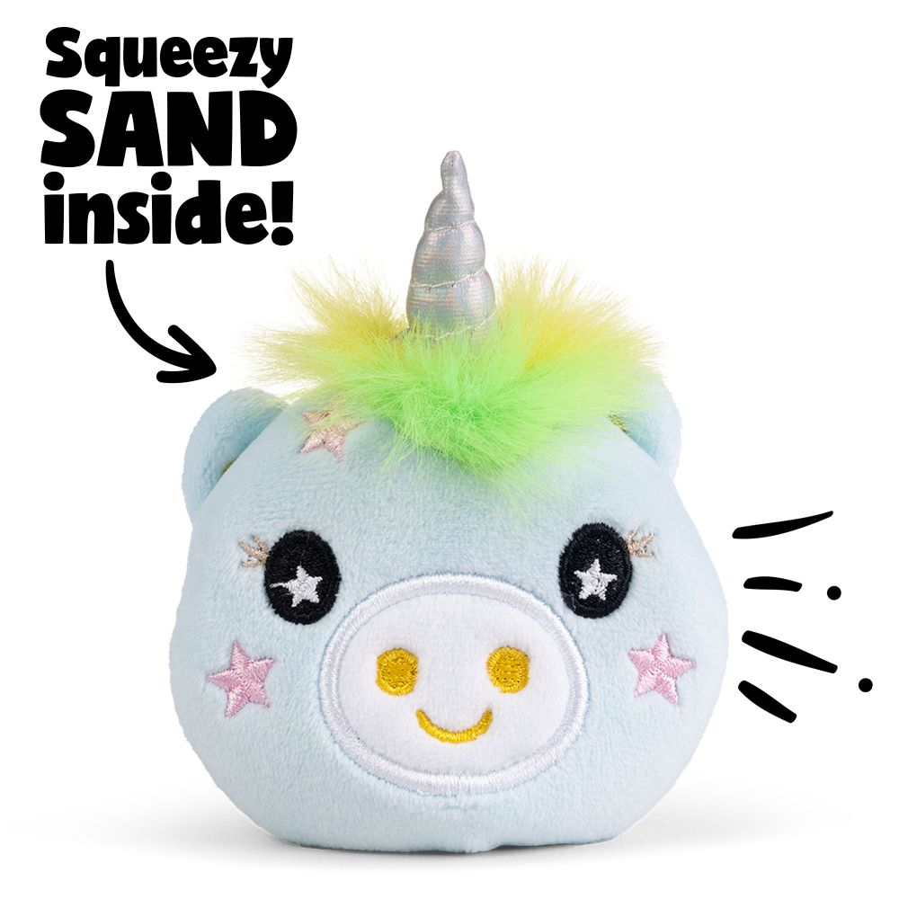 Keycraft Unicorn Sand Plush blue pigicorn squeezy sand inside feature, sensory fidget toy