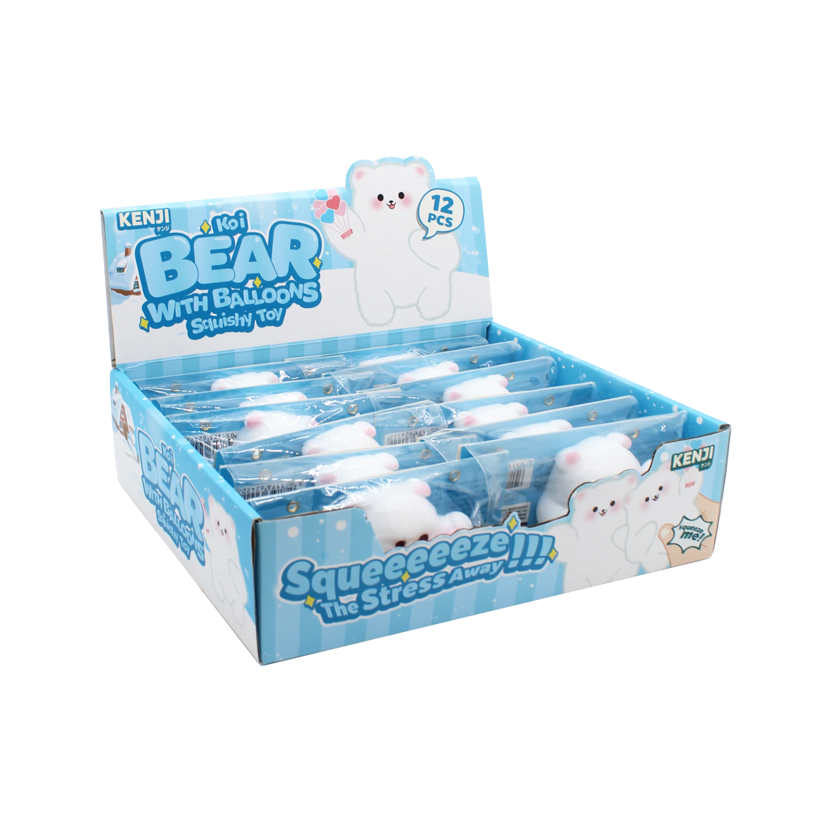 Koi bear with balloons squishy toy display in white and blue packaging