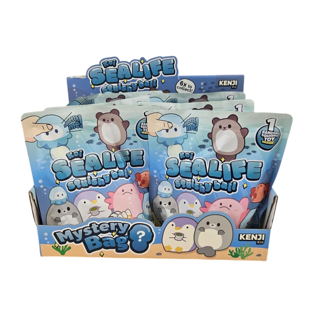 Display box of Koi Sea Life Squishy Ball mystery bags by Kenji, showing six collectible sea life character designs