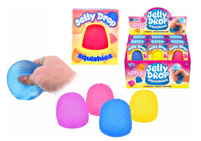 KTL Jelly Drop Squishy toys in pink, blue and yellow with packaging and hand squeezing blue