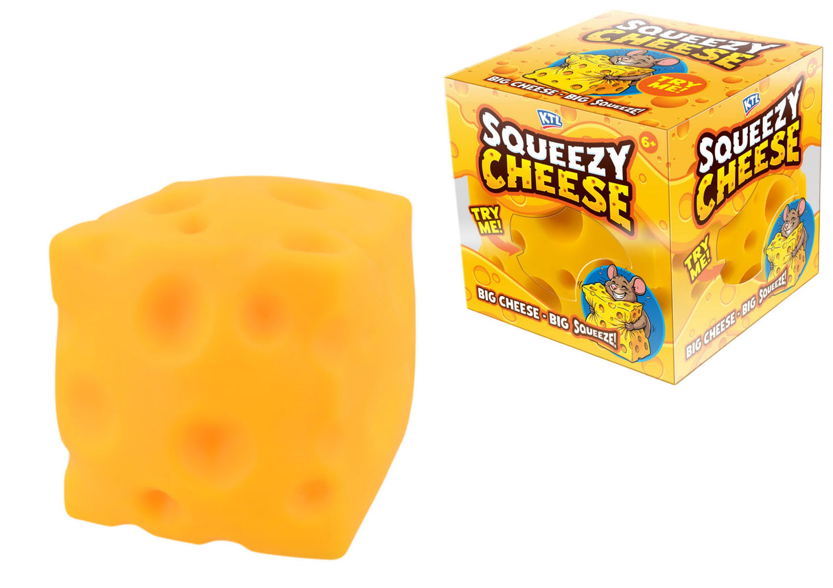KTL Squeezy Cheese jumbo squishy toy shown beside its yellow Big Cheese Big Squeeze box