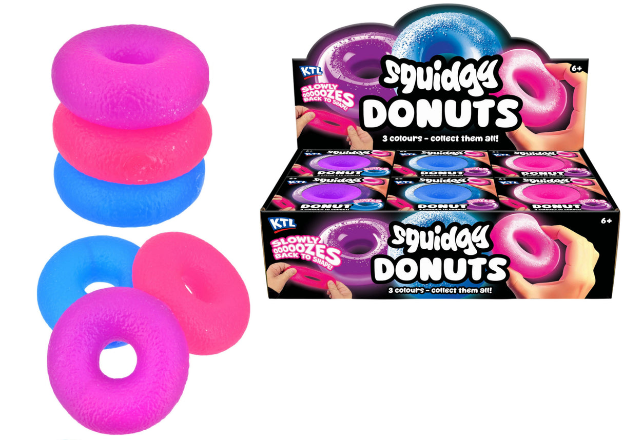 KTL Squidgy Donuts textured squishy toys in purple, pink and blue with packaging box