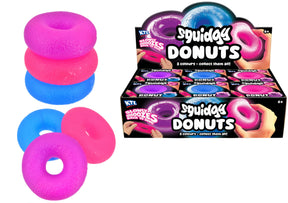 KTL Squidgy Donuts textured squishy toys in purple, pink and blue with packaging box