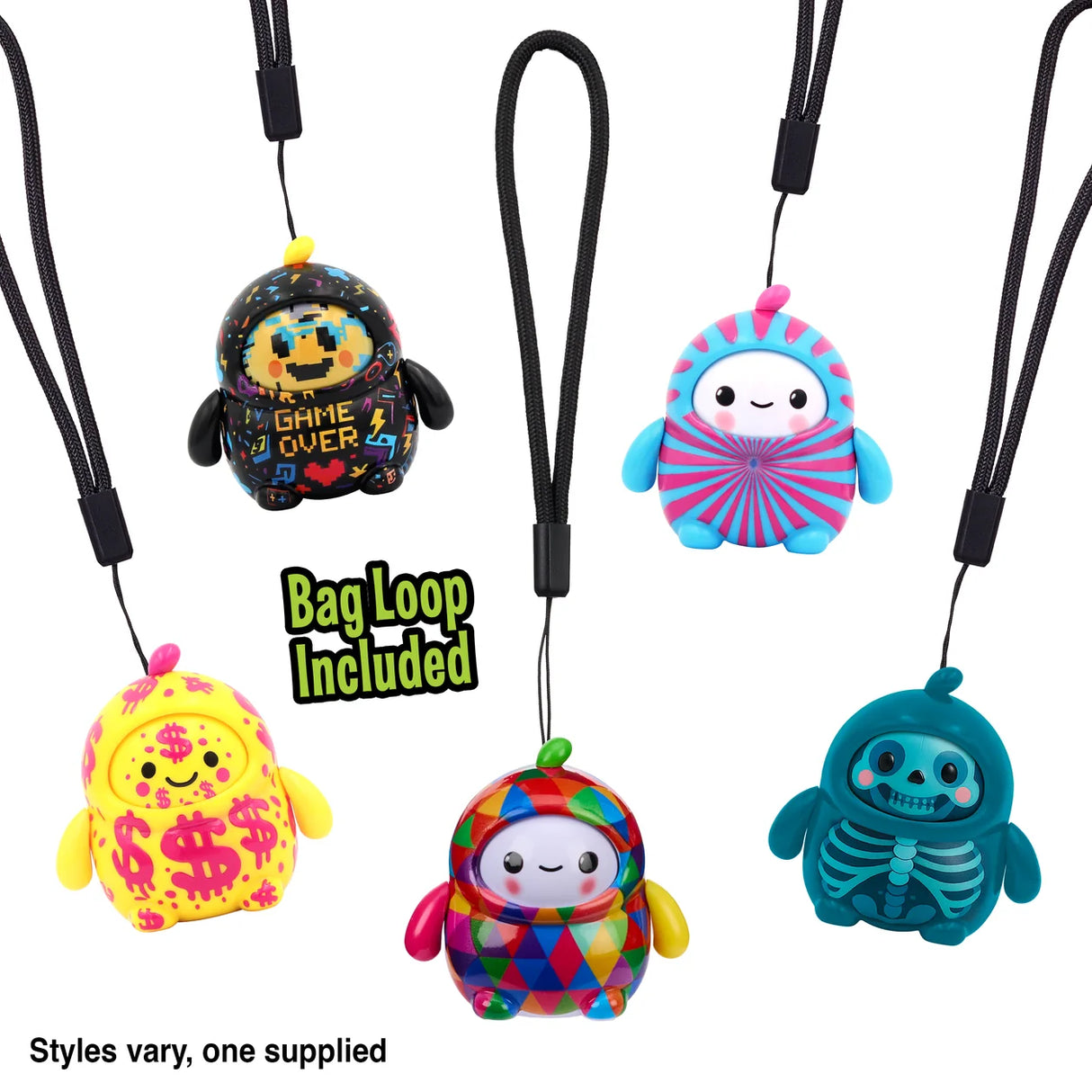 Five colourful LamaTama fortune teller characters hanging on black lanyards with bag loops