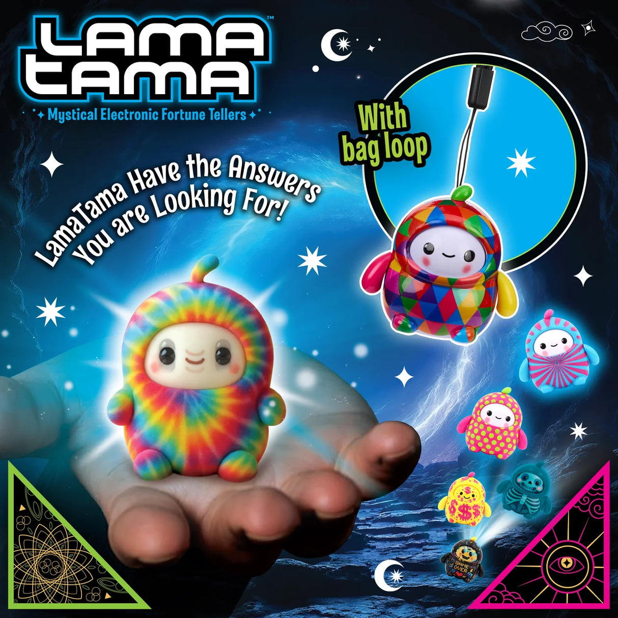 Rainbow LamaTama fortune teller in hand with colourful bag loop character and other designs