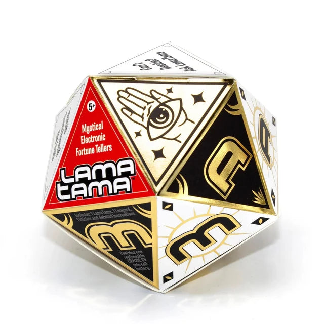White, black and gold LamaTama Series 1 dice-shaped blind box packaging with eye and hand symbol