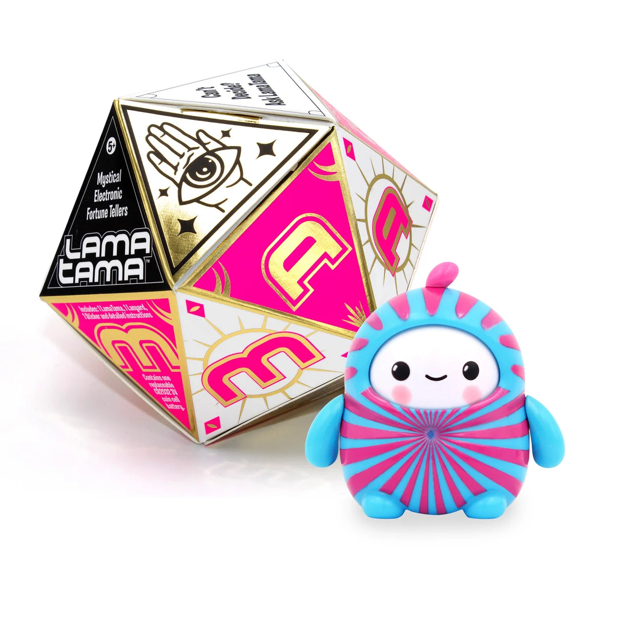Blue and pink swirl LamaTama fortune teller figure standing beside its pink dice box