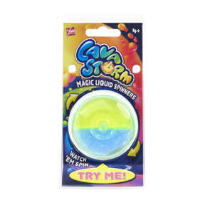 Lava Storm Magic Liquid Spinner in retail packaging, yellow and blue colour variant