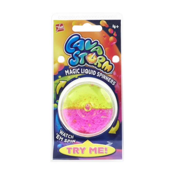 Close-up overhead view of pink and yellow Lava Storm liquid spinner in motion on black surface