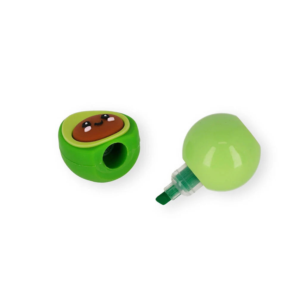Green avocado shaped cap beside a separate pastel green ball highlighter for the Legami 3-in-1 set