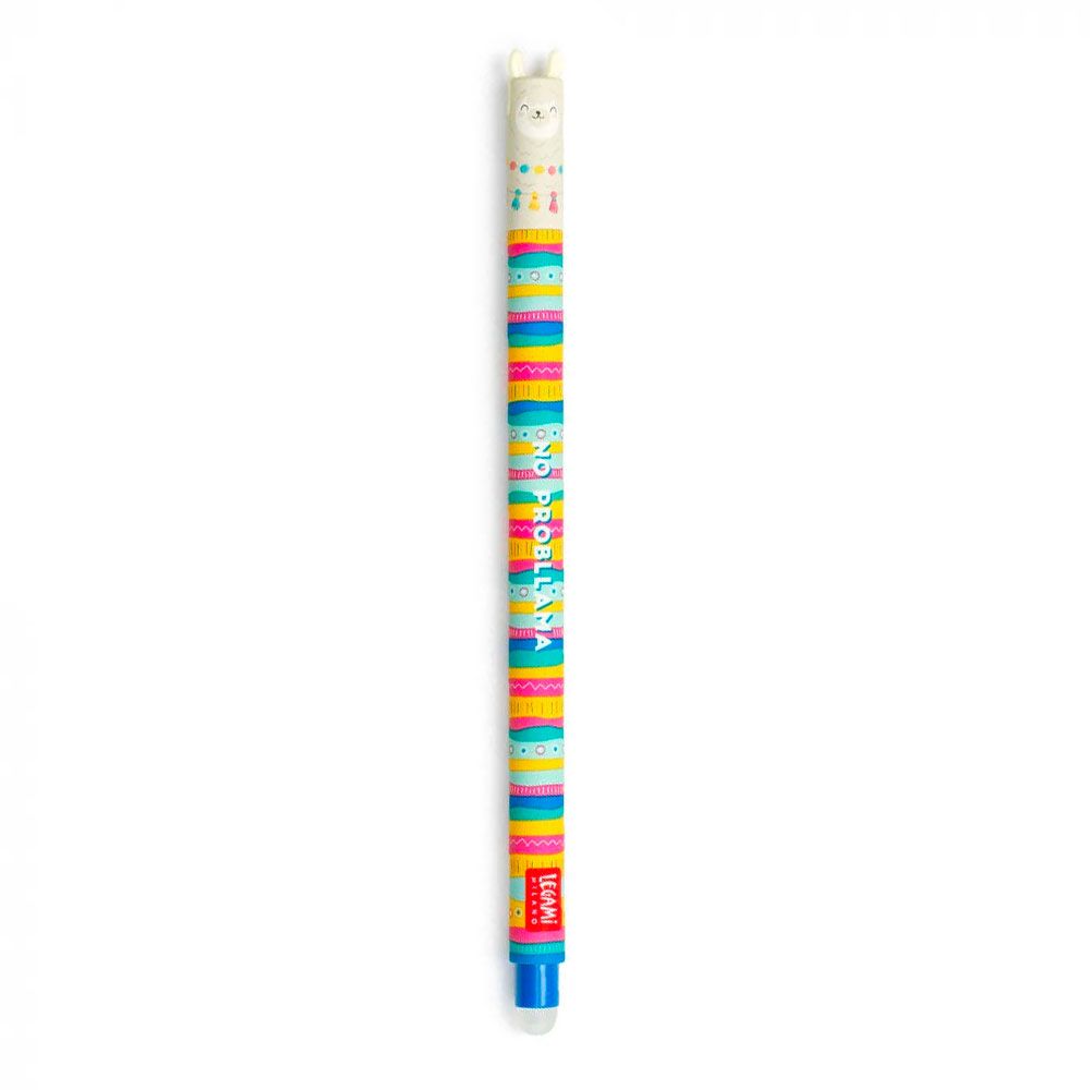 A LEGAMI pen with a colorful striped pattern and a white llama-shaped top, shown vertically on a plain white background.