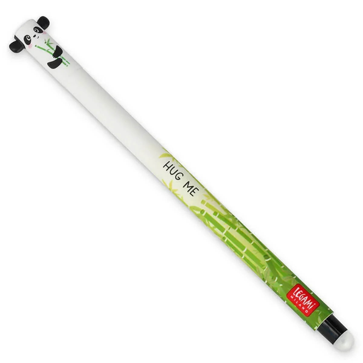 A white retractable pen with a panda and bamboo design, featuring the text 'HUG ME' and a green bamboo pattern, with a red LEGAMI brand logo near the tip.