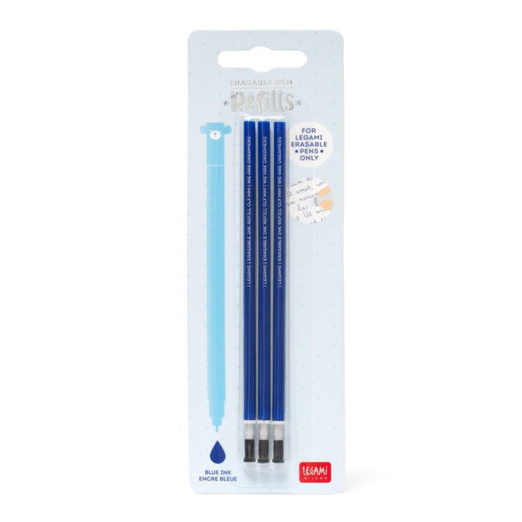 Pack of three Legami blue erasable gel pen ink refills on branded packaging