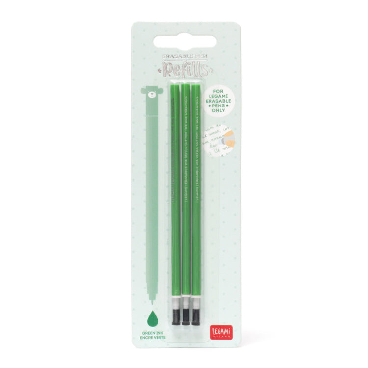 Pack of three Legami green erasable gel pen ink refills on branded packaging
