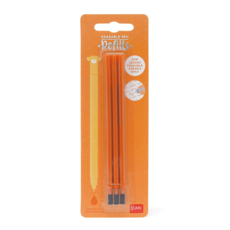 Pack of three Legami orange erasable gel pen ink refills on branded packaging