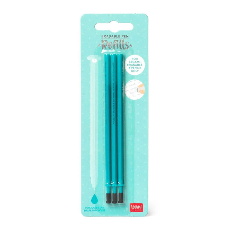 Pack of three Legami turquoise erasable gel pen ink refills on branded packaging