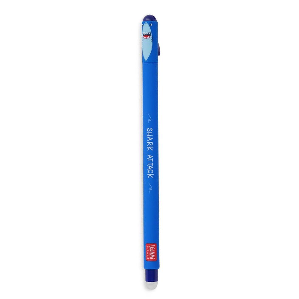 A blue pen with a shark-themed clip and a shark graphic printed on the barrel, featuring the text 'SHARK ATTACK' and a red 'LEGAMI' logo near the end, set against a plain white background.