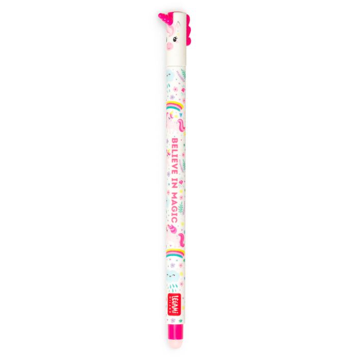 A white gel pen with a unicorn-themed design, featuring a unicorn head at the top, a pink horn, and colorful rainbow and unicorn illustrations. The pen has the text 'BELIEVE IN MAGIC' printed vertically on the barrel, along with a small red Uni-style logo near the bottom.
