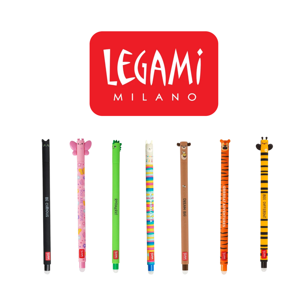 Seven Legami Milano erasable gel pens with cute animal toppers and affirmation designs