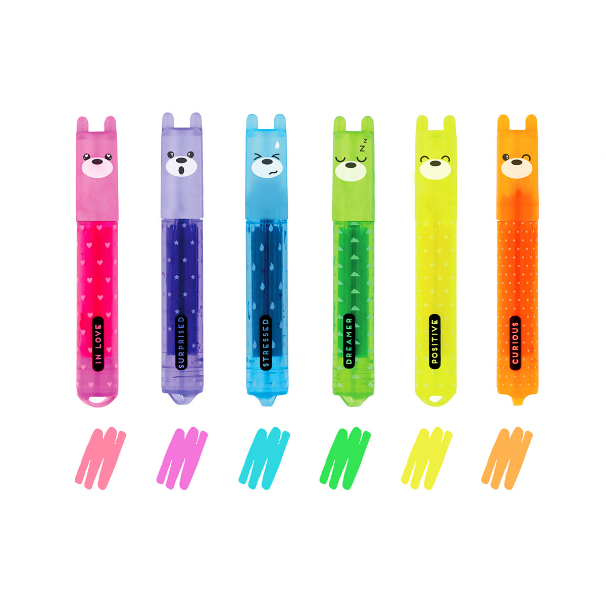 Six Legami Teddy's Mood mini highlighters with teddy bear caps and colour swatches