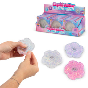 Liquid glitter flower fidget spinner set - pink, white, blue sensory toy