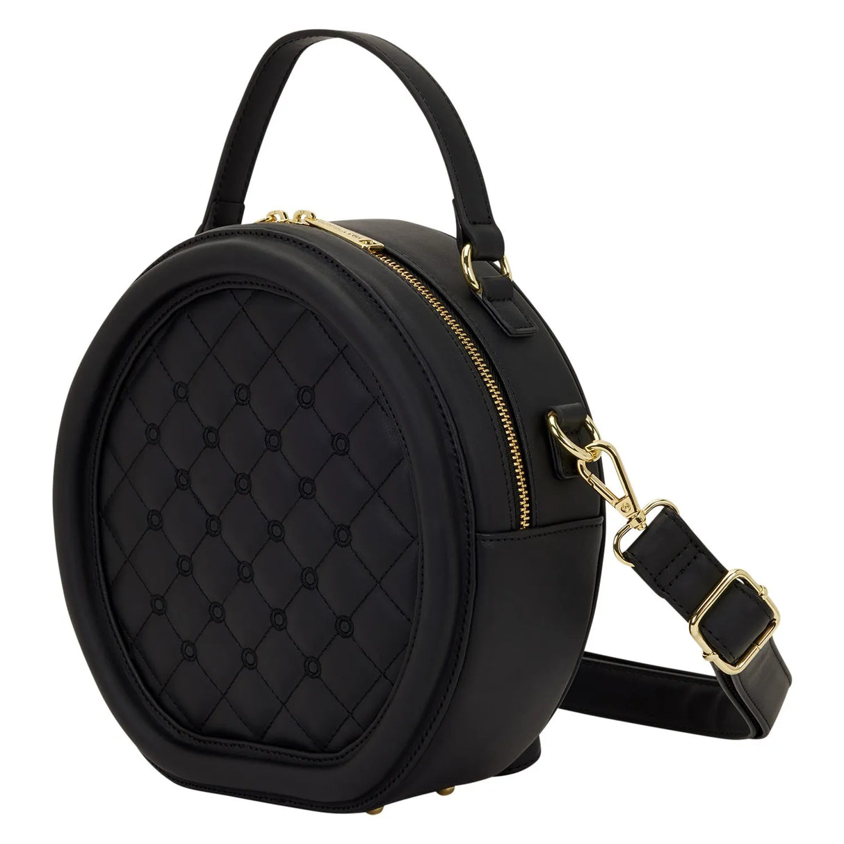 Loungefly Laura BackStory black round crossbody bag quilted pin display side view