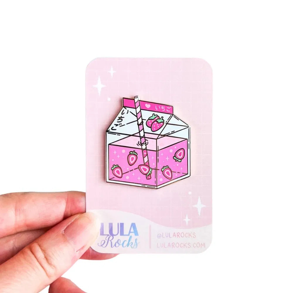 Lula Rocks Strawberry Milk kawaii enamel pin on backing card, white background