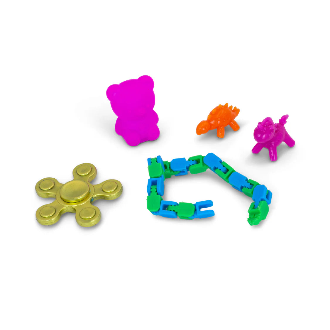 Full spread of Micro Fidgetz Series 2 contents including slug, clicker, unicorns, pop tube, infinity cube and stretchy worm